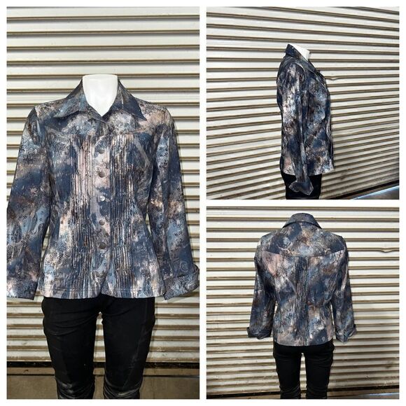 Coldwater Creek Jacket Blue Grey Floral Metallic Demask Print snap front bead - Picture 1 of 11